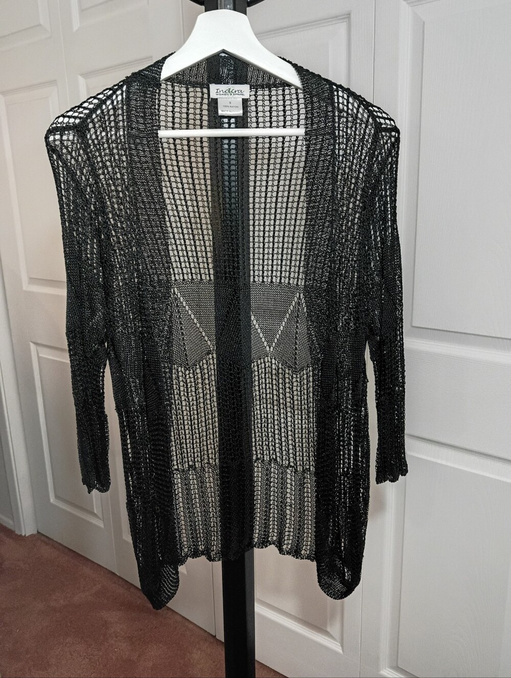 Indira Black Crochet Open-Front Cardigan – Size Small